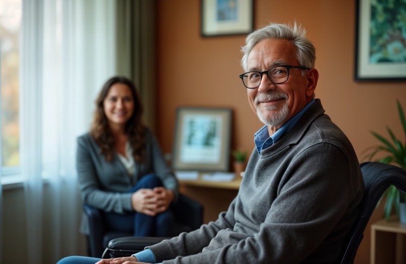 Smiling senior African American male veteran sits wheelchair at therapy session. Enjoys psychologist visit. Man shows positive mental health recovery. Mature man overcomes disability. War veteran