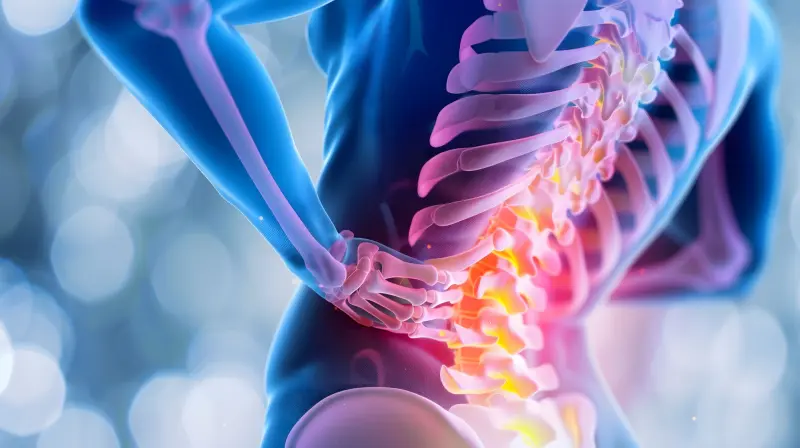 Back Pain - A 3D illustration of the lower back showing the spine and surrounding muscles